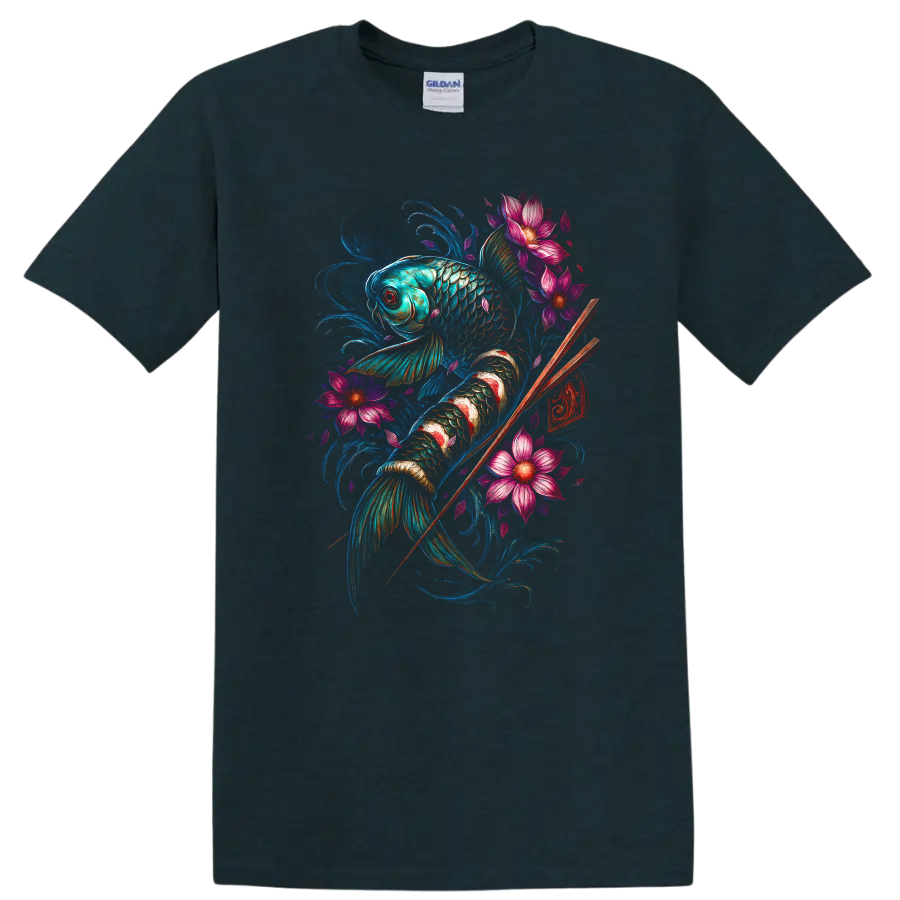 Japanese Koi Fish Floral Art T Shirt, Vibrant Watercolor Design - Midnight (Green)