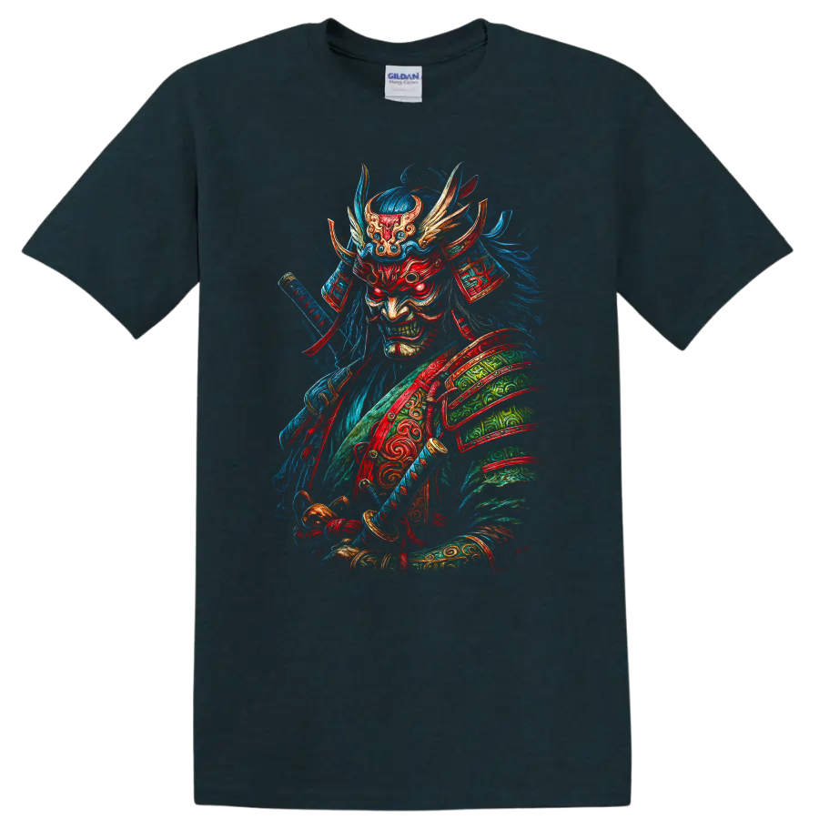 Japanese Samurai Demon Mask T Shirt Fierce Neon Warrior Art - Midnight (Green)