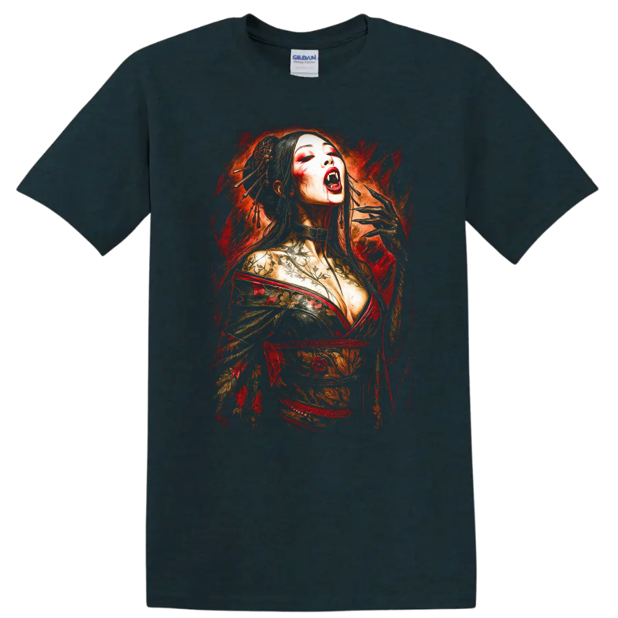Japanese Geisha Vampire Art T Shirt Floral Horror Style - Midnight (Green)