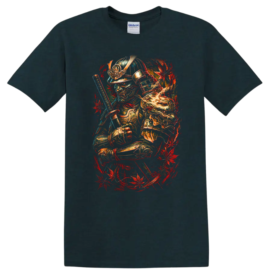 Japanese Samurai Warrior Mask T Shirt with Red Maple Leaves - Midnight (Green)