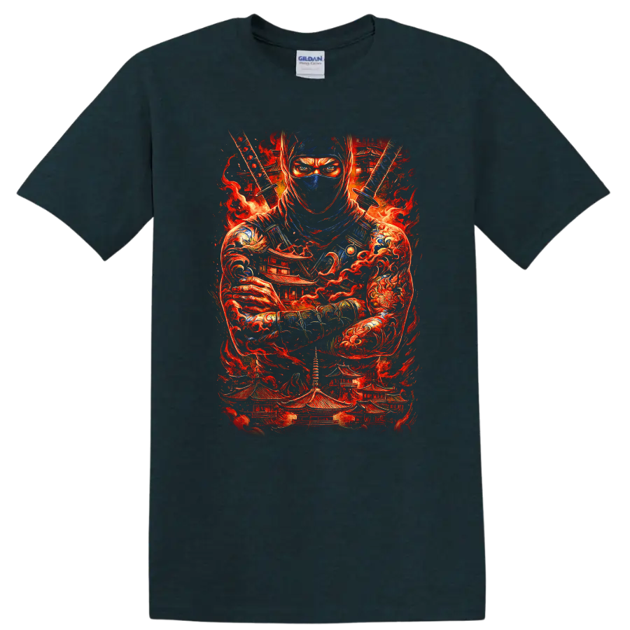 Japanese Ninja Samurai Warrior Fire Art T Shirt for Martial Arts Fans - Midnight (Green)