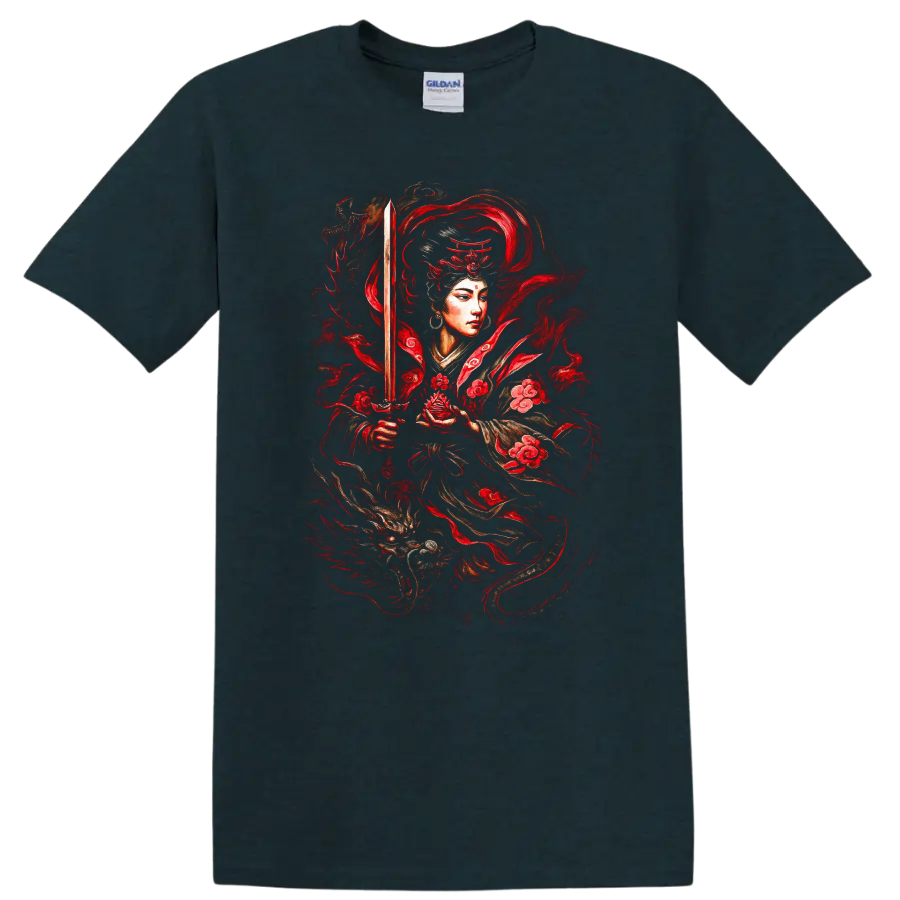 Japanese Warrior Katana Red Floral Samurai T Shirt - Midnight (Green)