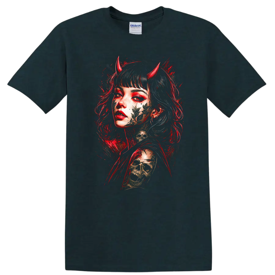 Japanese Style Demon Girl Skull Graphic T Shirt Red and Black - Midnight (Green)