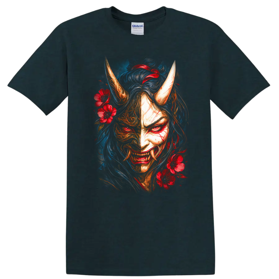 Japanese Oni Demon Mask Floral T Shirt for Fans of Dark Samurai Art - Midnight (Green)