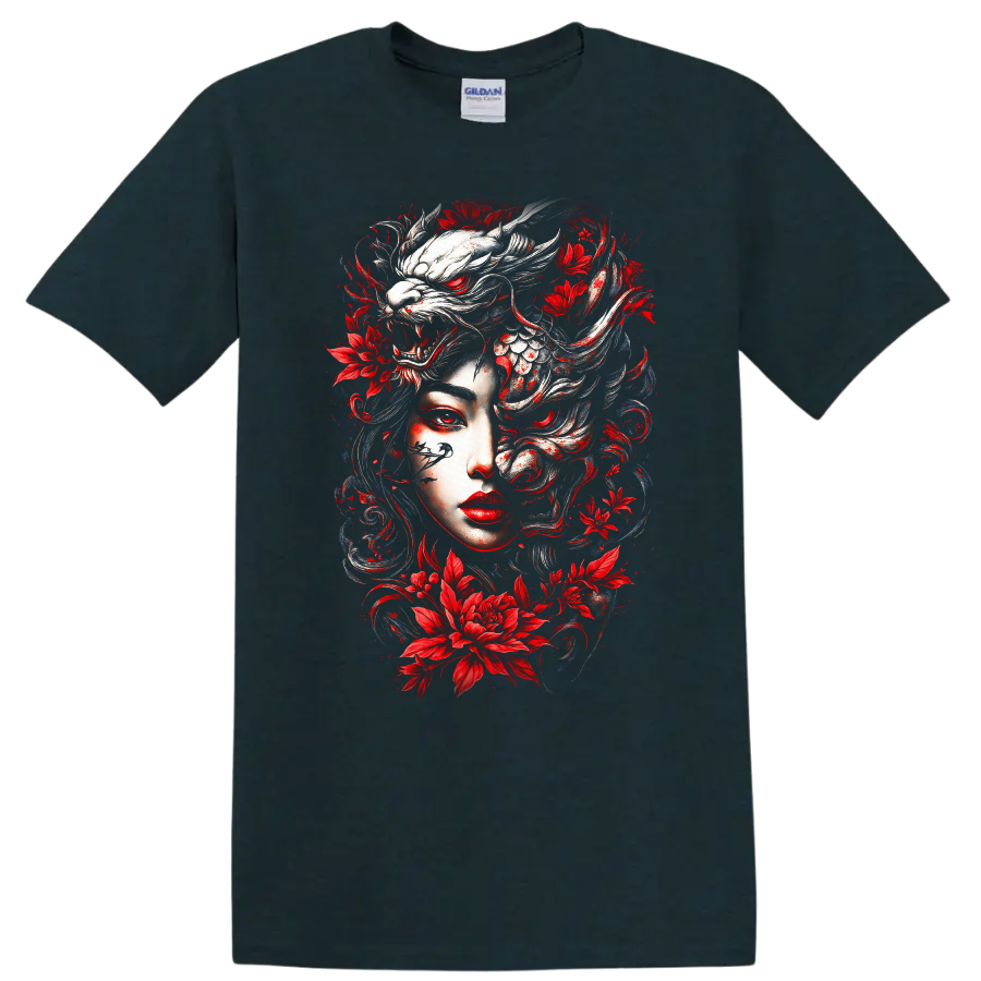 Japanese Style Oni Mask Floral Dragon T Shirt Red White Artwork - Midnight (Green)