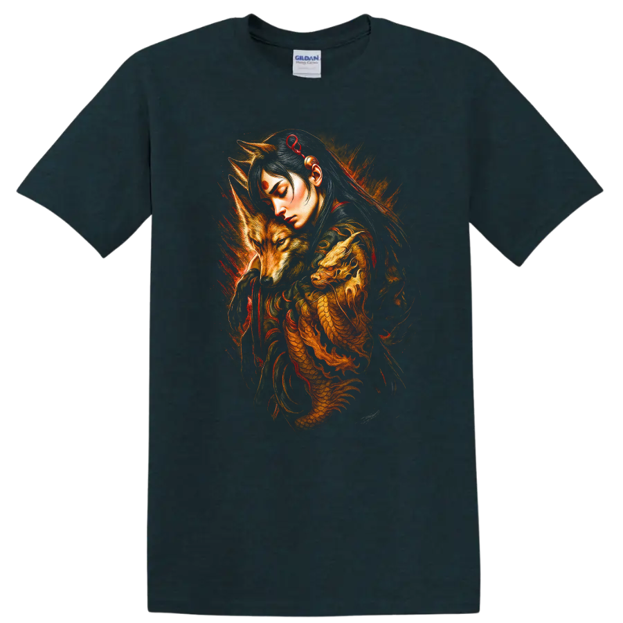 Japanese Style Fox Spirit Dragon T Shirt Mystical Warrior Art - Midnight (Green)
