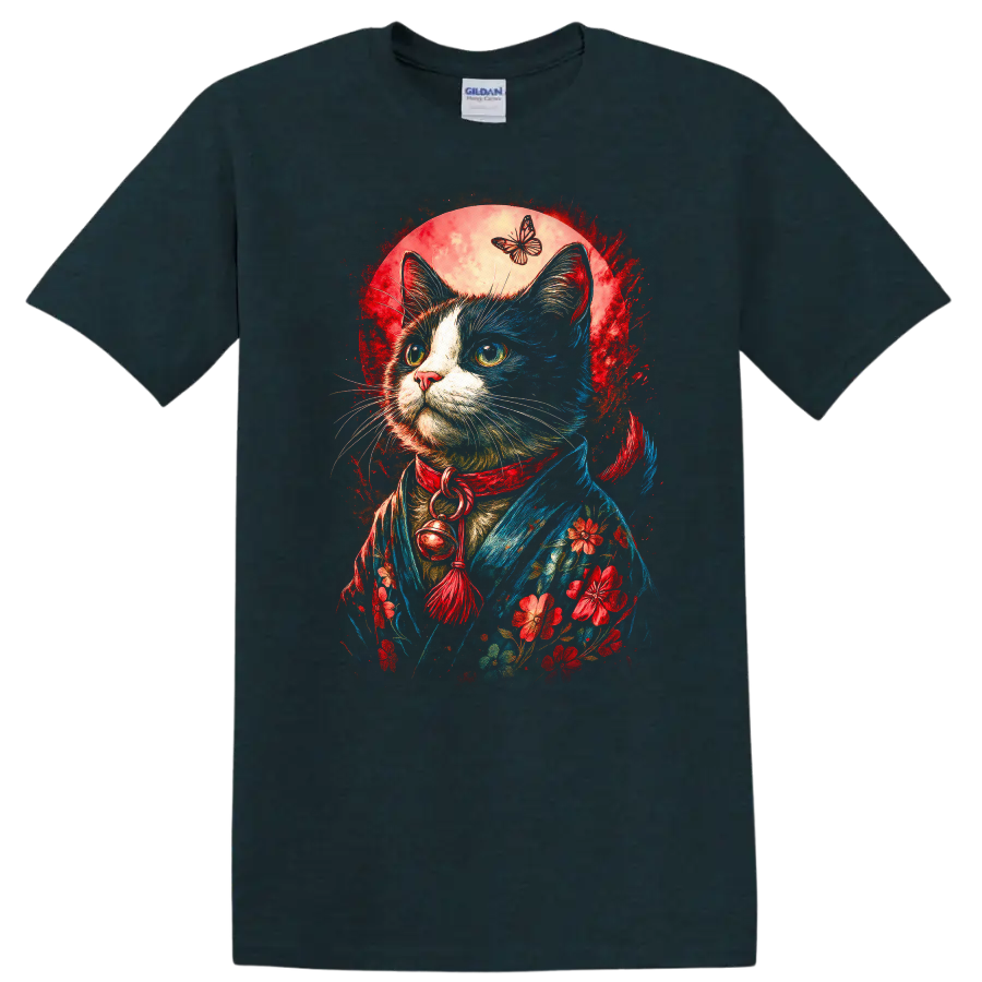Japanese Style Cat and Butterfly Floral Art T Shirt for Cat Lovers - Midnight (Green)