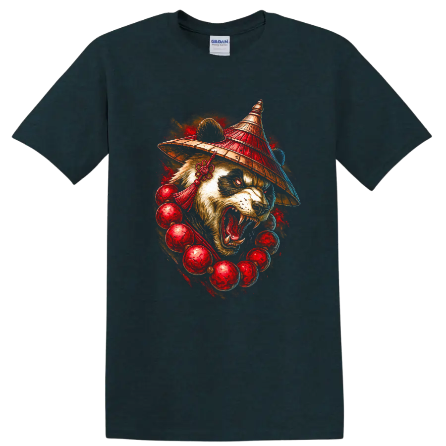 Japanese Panda Warrior Mask T Shirt with Fierce Red Art Graphic - Midnight (Green)