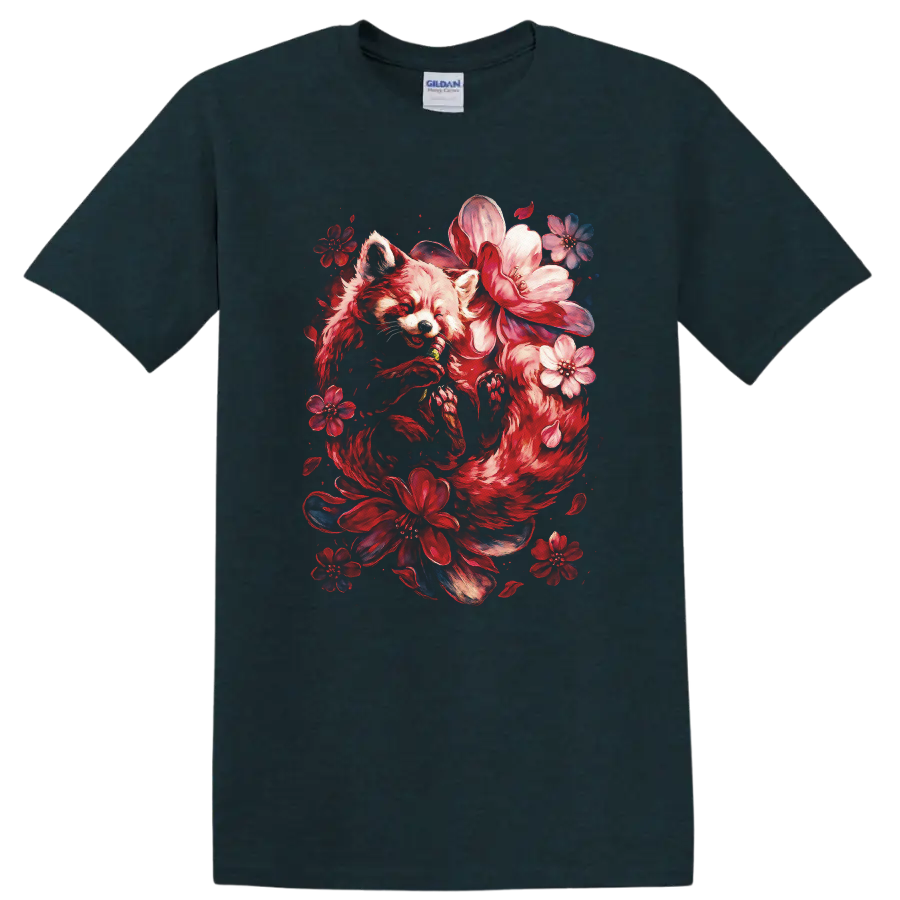 Japanese Style Red Fox Floral Art T Shirt for Nature Lovers - Midnight (Green)