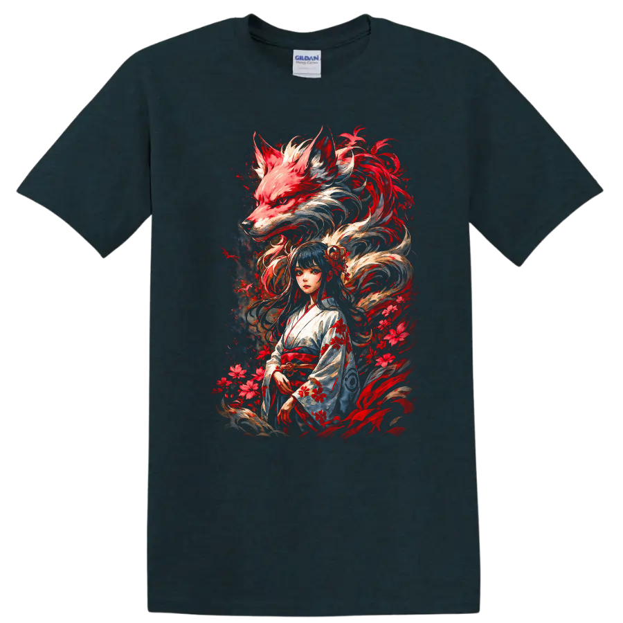 Japanese Style Kitsune Girl and Fox Spirit Anime T Shirt - Midnight (Green)