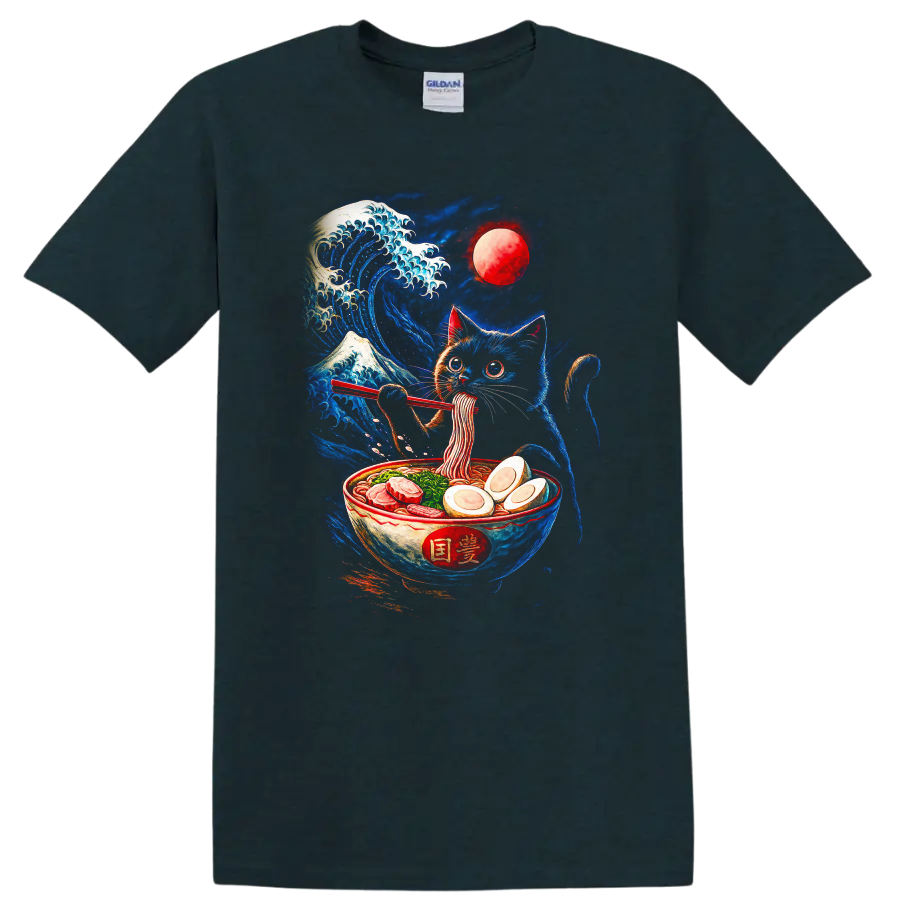 Japanese Cat Ramen Wave Moon T Shirt for Sushi and Anime Fans - Midnight (Green)