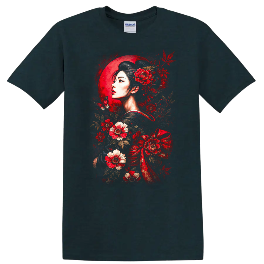 Japanese Style Geisha Floral Moon Art T Shirt for Women - Midnight (Green)