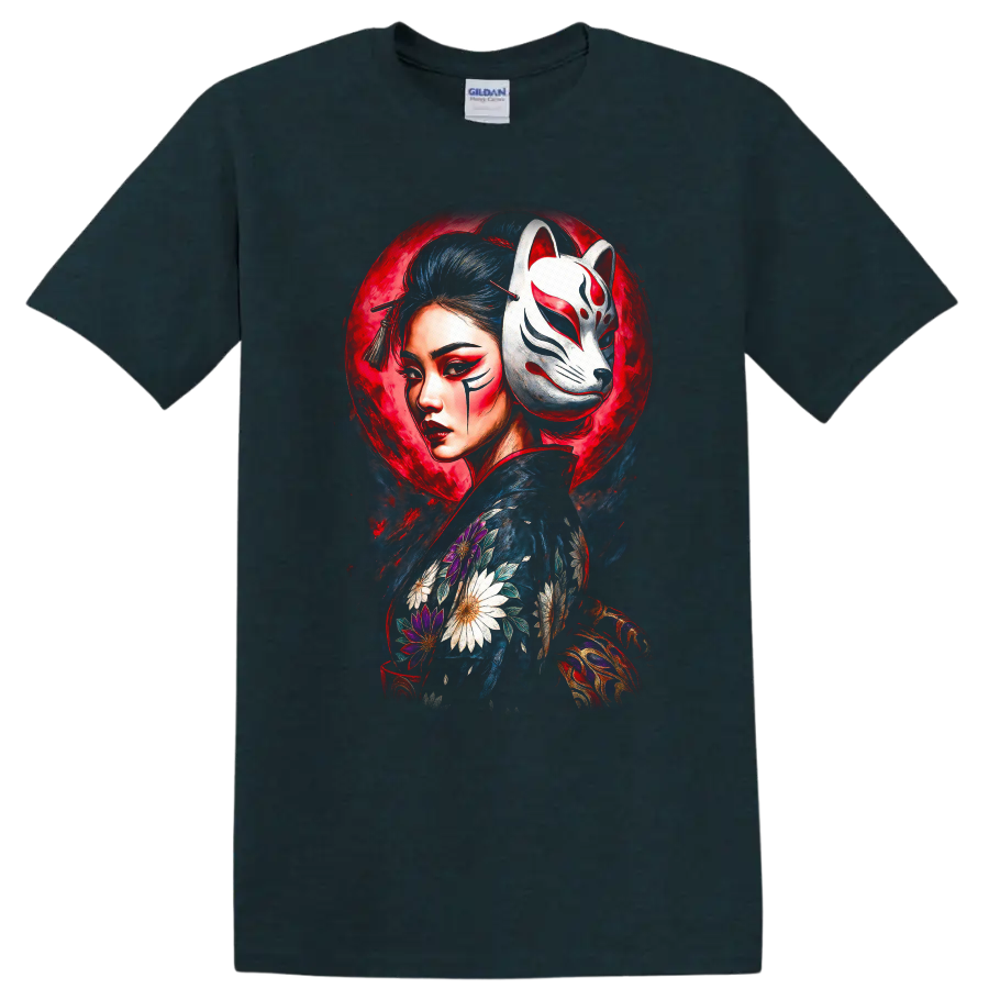Japanese Style Geisha Fox Mask Floral Art T Shirt - Midnight (Green)