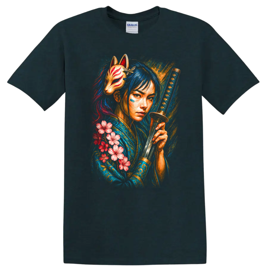 Japanese Style Samurai Girl with Fox Mask and Katana T Shirt - Midnight (Green)