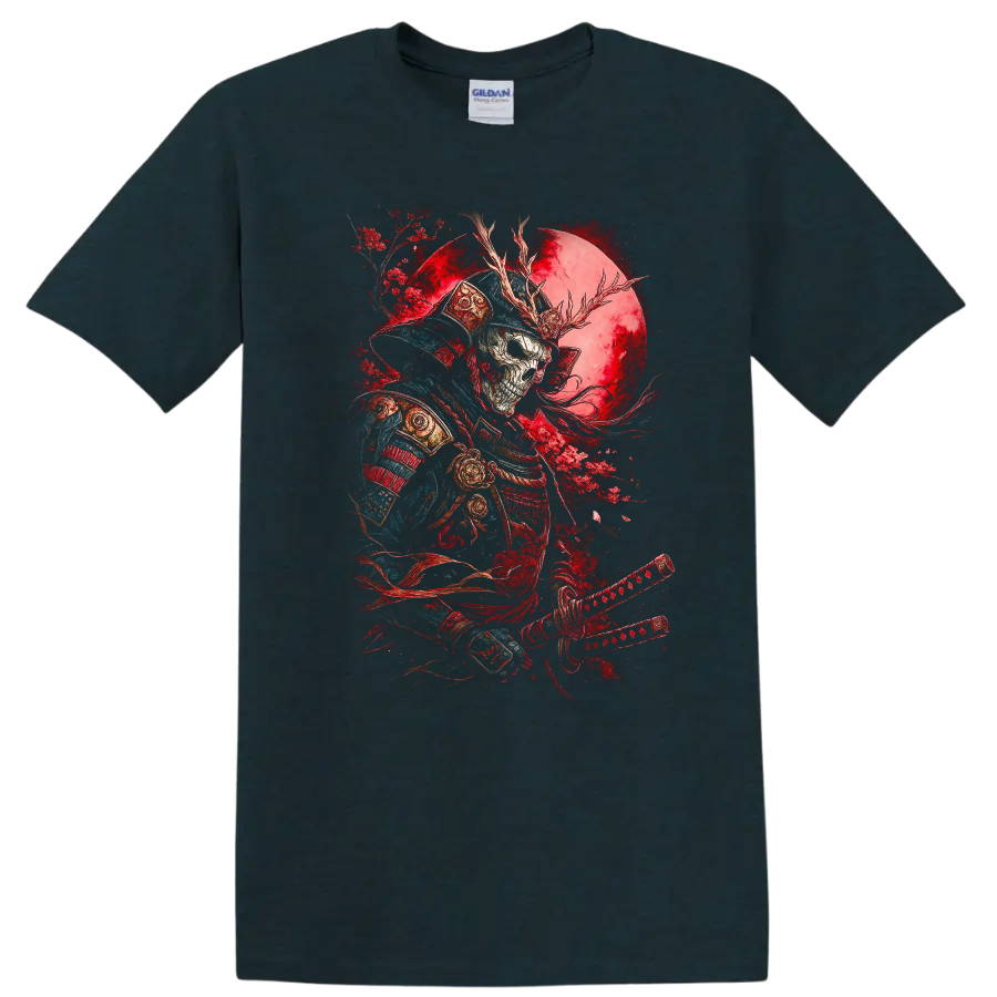 Japanese Samurai Warrior Skull Moon T Shirt Red Blue Art - Midnight (Green)