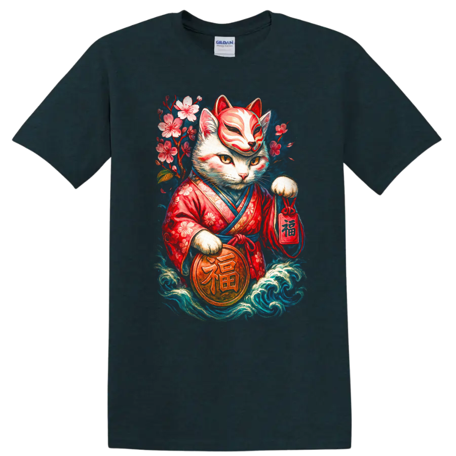 Japanese Maneki Neko Cat T Shirt with Floral Kimono Lucky Charm Art - Midnight (Green)