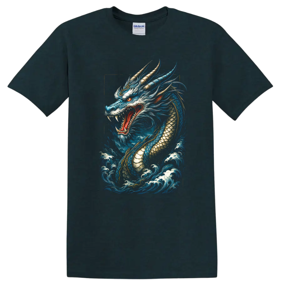Japanese Style Blue Dragon T Shirt Fierce Mythical Wave Art - Midnight (Green)