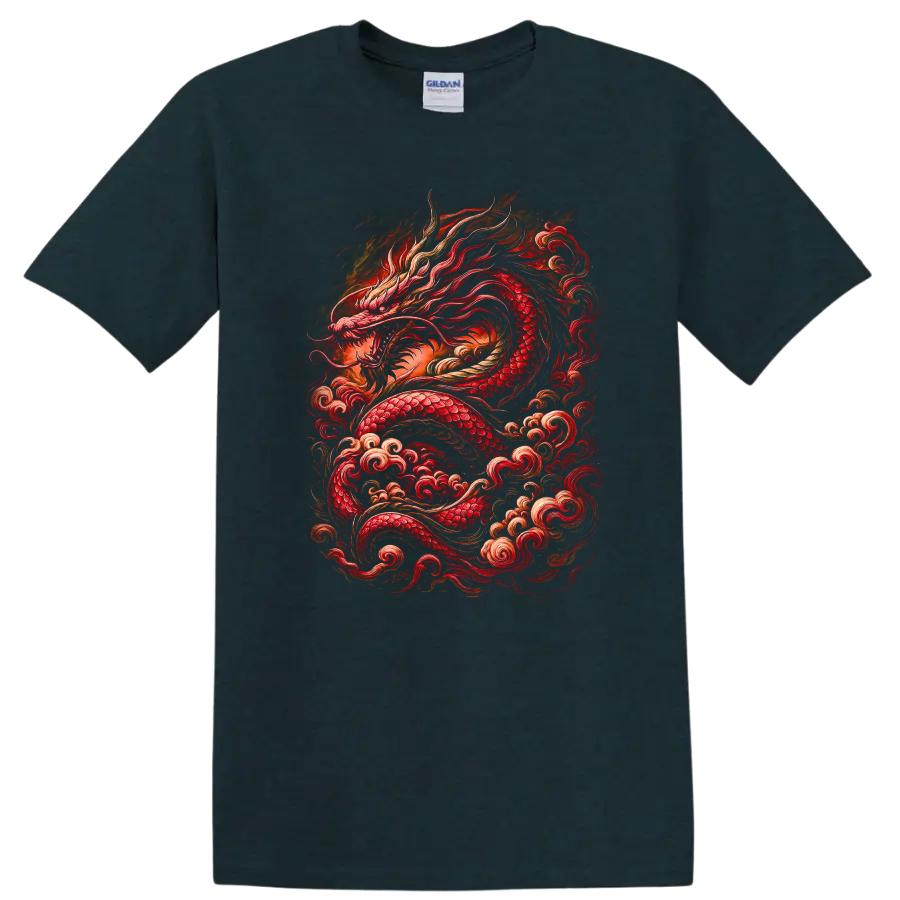 Japanese Red Dragon Fire Art T Shirt for Bold Streetwear Style - Midnight (Green)