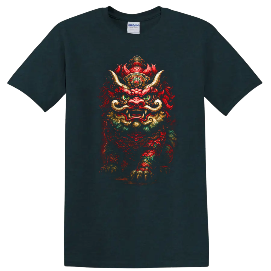 Japanese Foo Lion Dragon Mask T Shirt Colorful Mythic Creature Art - Midnight (Green)