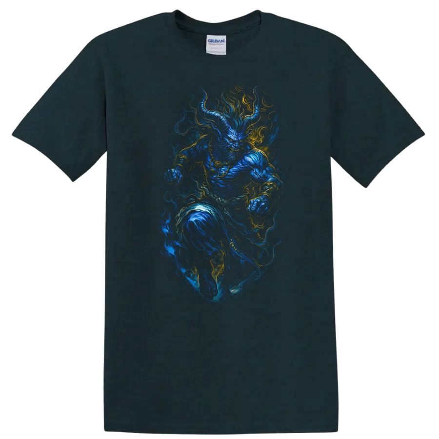 Japanese Style Blue Oni Demon Warrior T Shirt Mystical Flame Art - Midnight (Green)