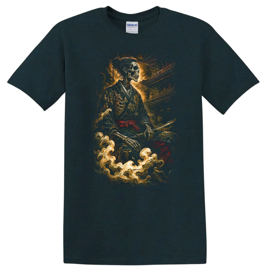 Japanese Style Skeleton Samurai T Shirt with Dark Floral Fire Art - Midnight (Green)