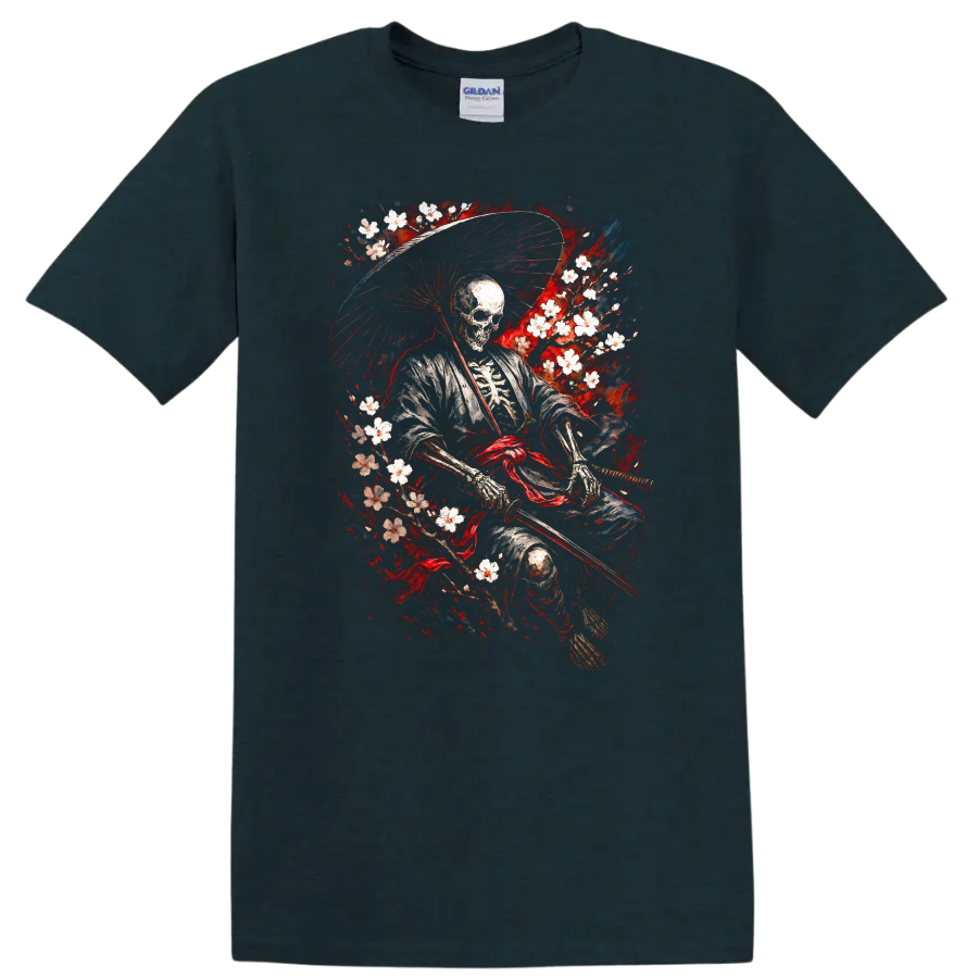 Japanese Skeleton Samurai Warrior T Shirt, Vintage Ink Style - Midnight (Green)