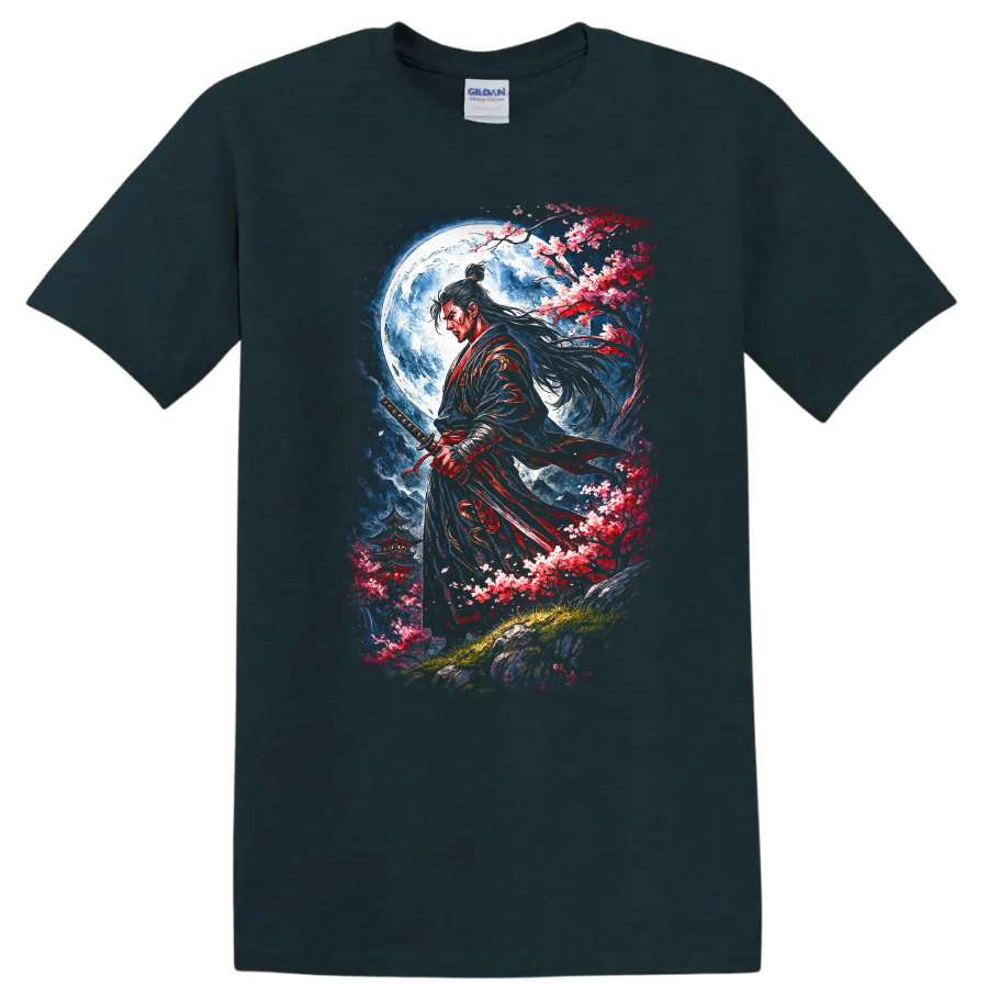 Japanese Samurai Moon Blossom Warrior T Shirt, Elegant Sword Art - Midnight (Green)