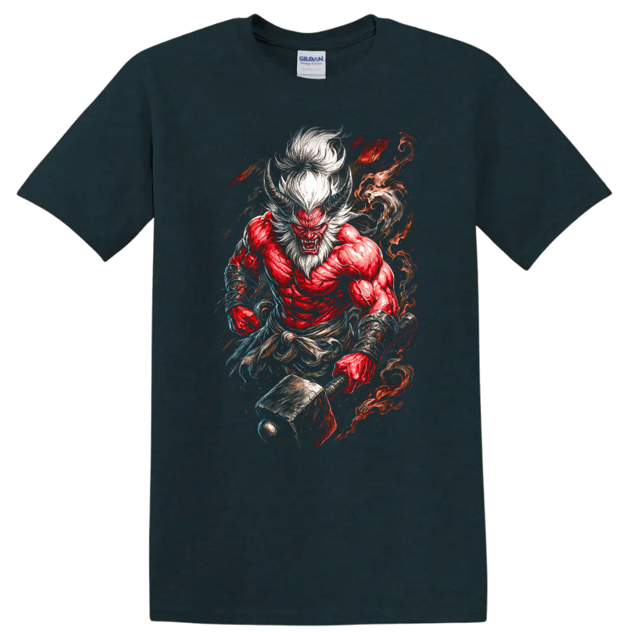 Japanese Demon Warrior T Shirt Red Oni Samurai Fire Art - Midnight (Green)