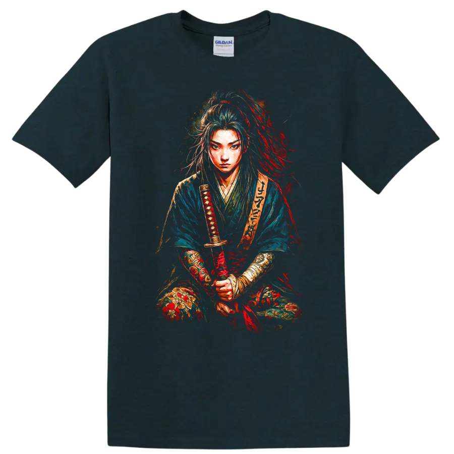 Japanese Samurai Warrior Portrait T Shirt Colorful Brushstroke Art - Midnight (Green)