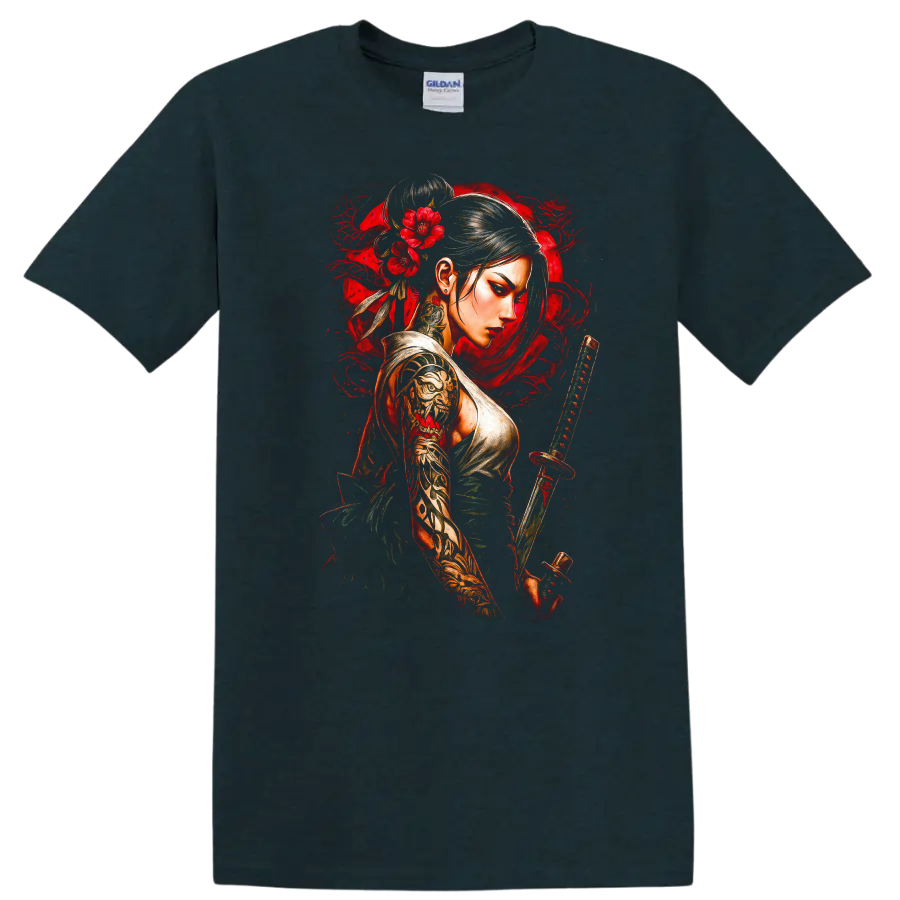 Japanese Warrior Woman Katana Floral Art T Shirt for Anime Style Fans - Midnight (Green)