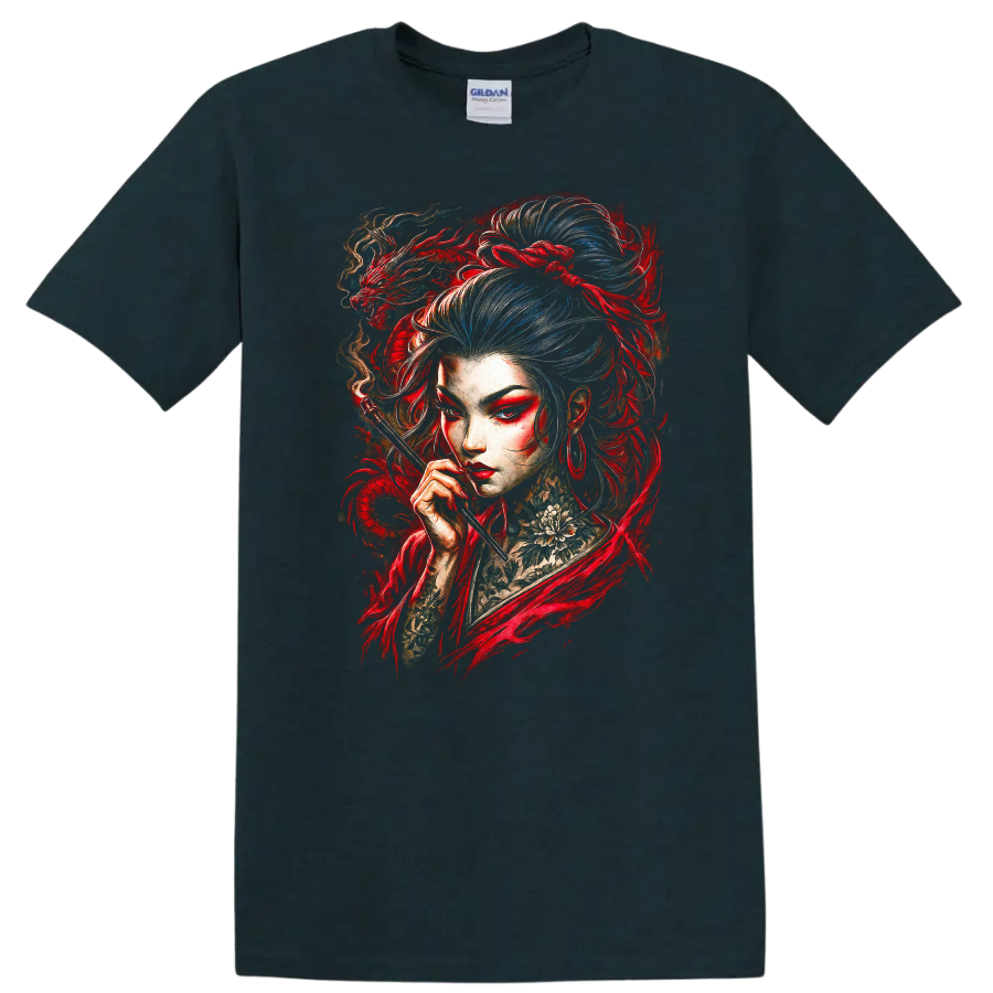 Japanese Style Geisha Dragon Art T Shirt Vibrant Red and Blue Portrait - Midnight (Green)