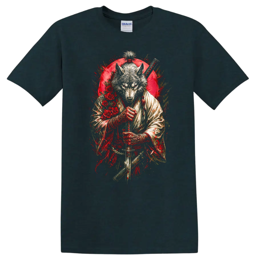 Japanese Wolf Samurai Sword Art Graphic T Shirt - Midnight (Green)