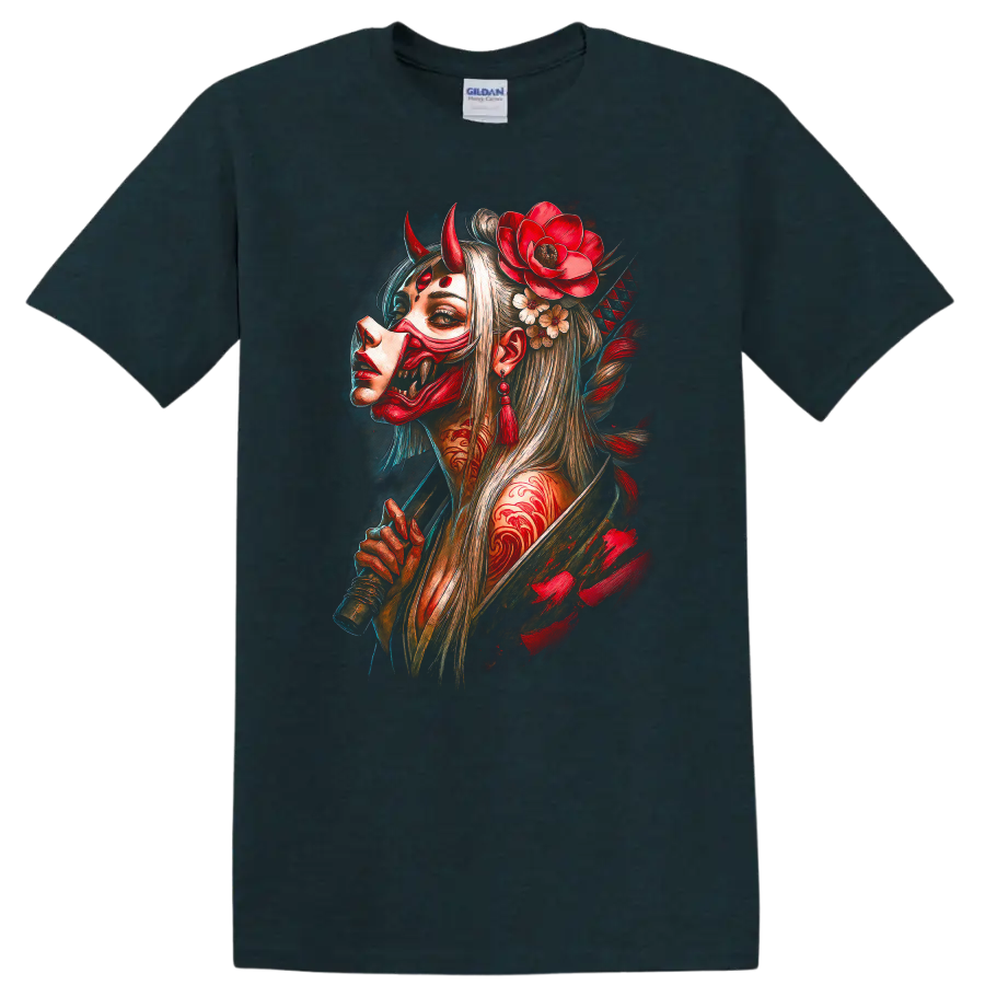 Japanese Oni Mask Woman Art T Shirt Red Demon Floral Samurai Style - Midnight (Green)