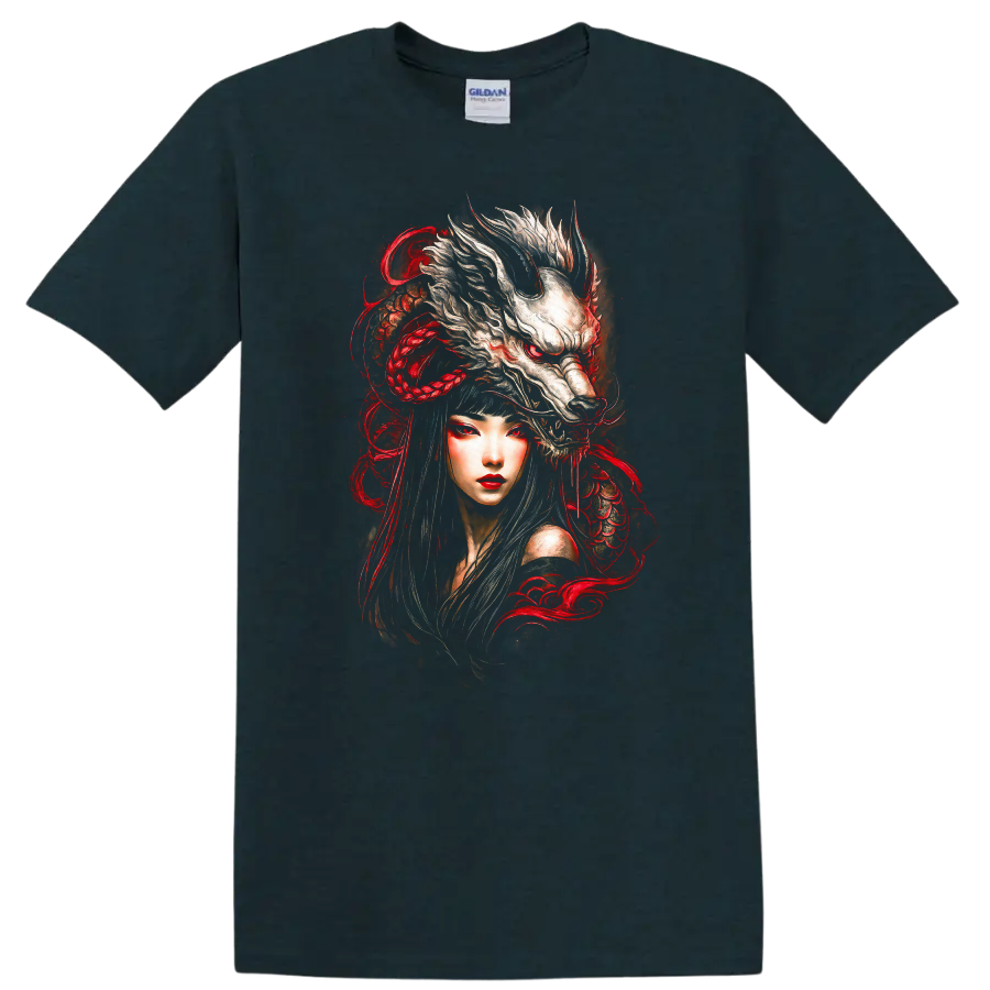 Japanese Style Oni Wolf Woman T Shirt Red Black Fantasy Art - Midnight (Green)