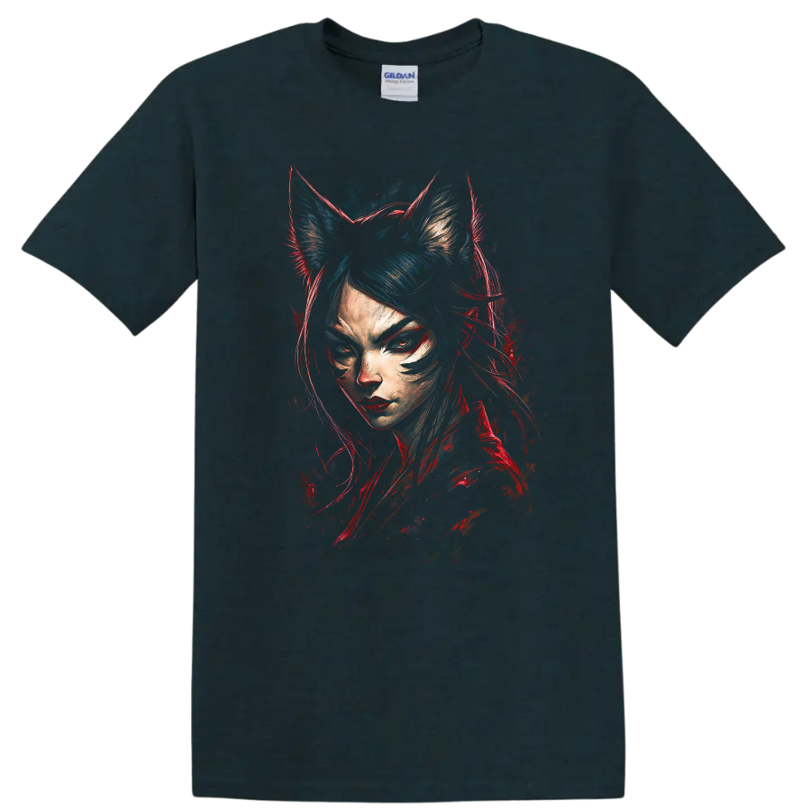 Japanese Style Cat Girl Portrait Neon Red Blue T Shirt - Midnight (Green)