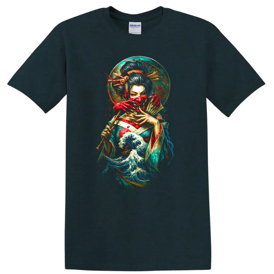 Japanese Geisha Waves T Shirt Vintage Samurai Art Design - Midnight (Green)