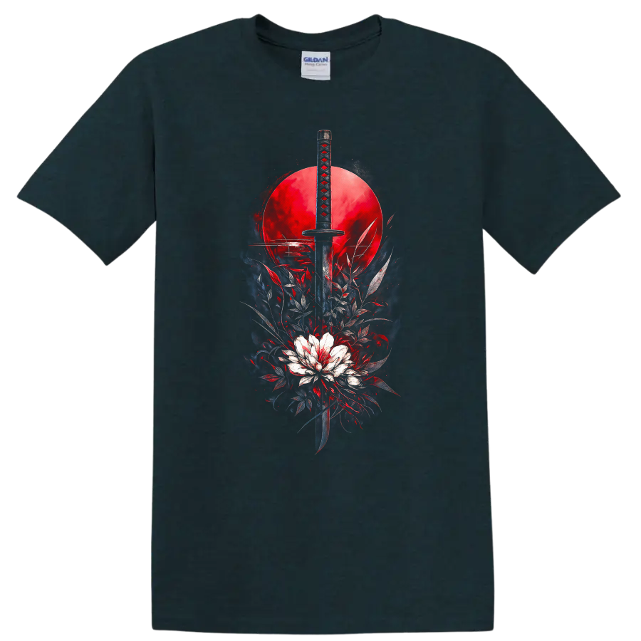Japanese Style Katana Sword Red Sun Graphic T Shirt - Midnight (Green)