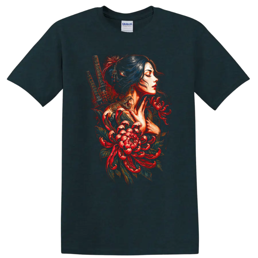 Japanese Geisha Samurai Floral Portrait T Shirt for Women - Midnight (Green)