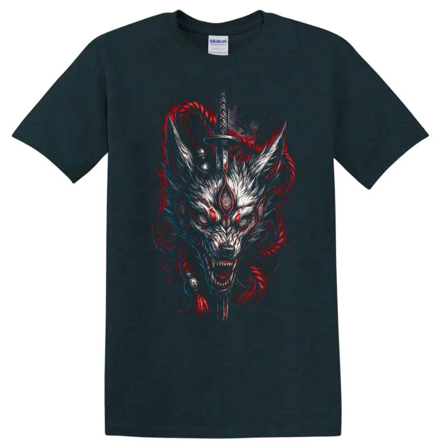 Japanese Style Wolf Sword Graphic T Shirt for Dark Anime Art Fans - Midnight (Green)