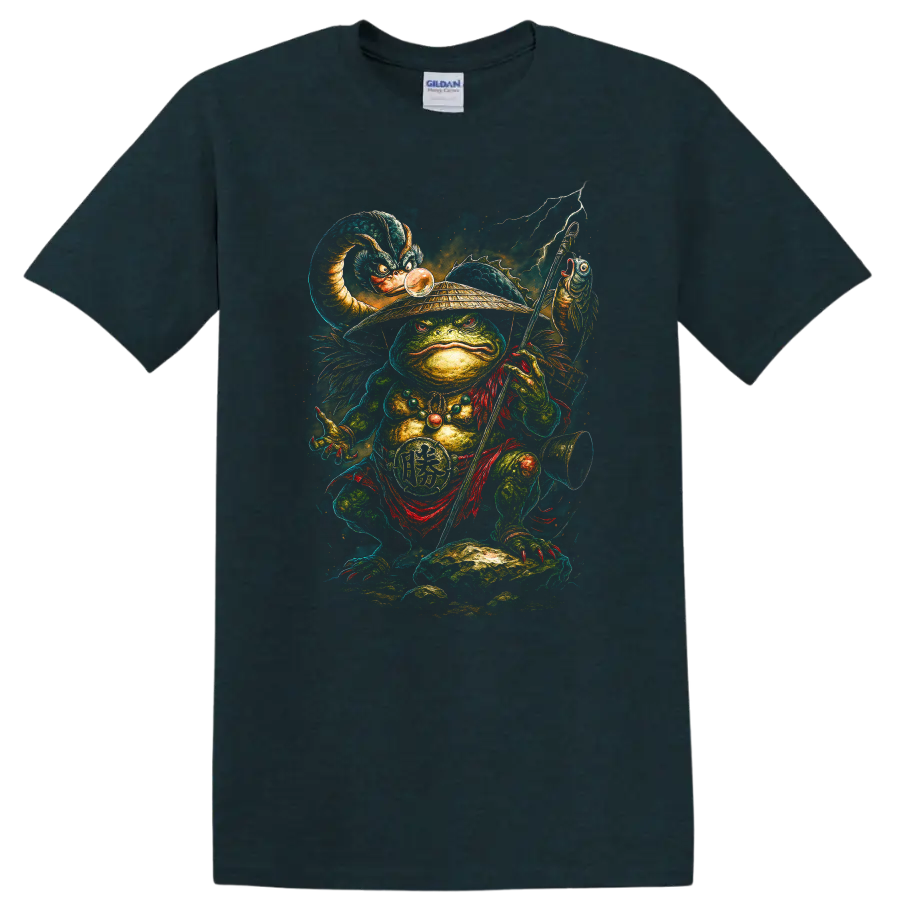 Japanese Style Frog Warrior T Shirt Samurai Staff Lightning Graphic - Midnight (Green)