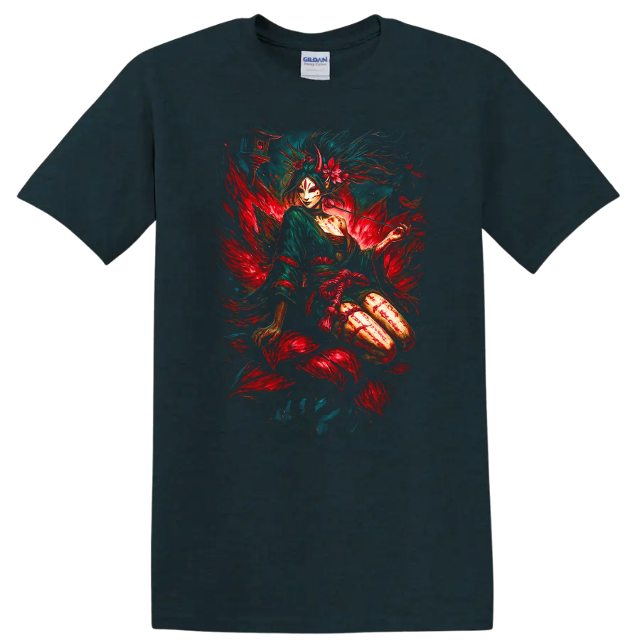 Japanese Geisha Warrior Fox Mask Art T Shirt Mythical Floral Design - Midnight (Green)