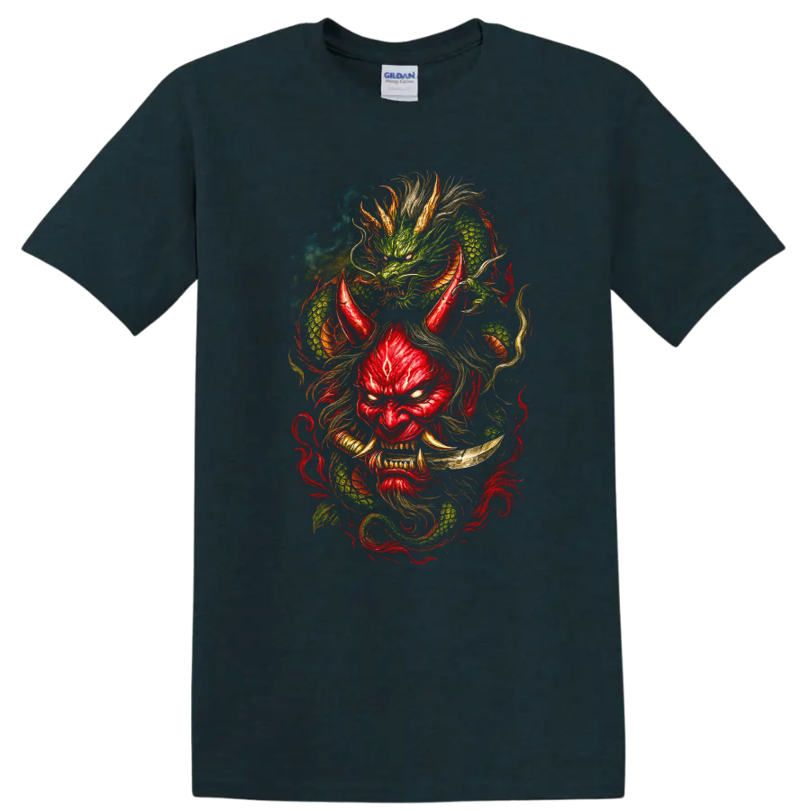 Japanese Style Dragon Mask T Shirt Red and Green Mythic Art - Midnight (Green)