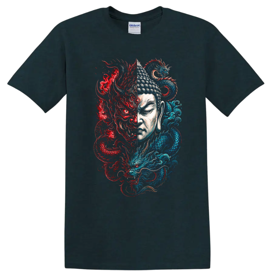 Japanese Style Dragon Buddha T Shirt Red Blue Yin Yang Art - Midnight (Green)