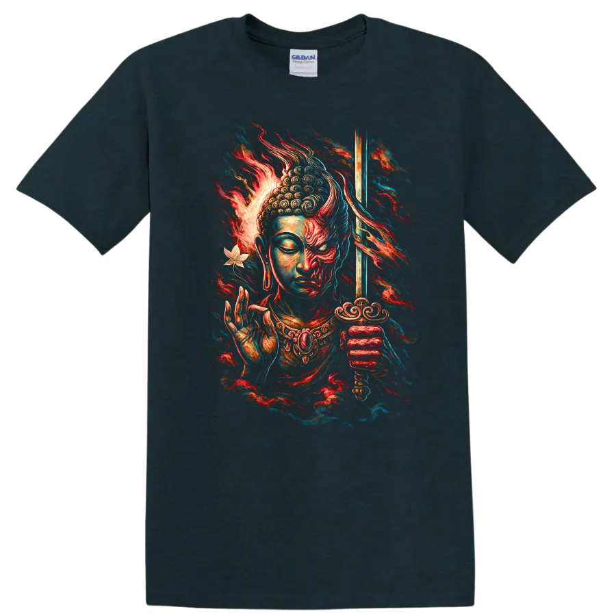 Japanese Style Buddha Samurai T Shirt Vibrant Zen Warrior Graphic - Midnight (Green)