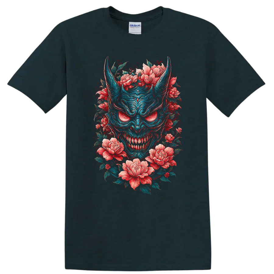 Japanese Oni Demon Mask with Floral Peonies T Shirt - Midnight (Green)