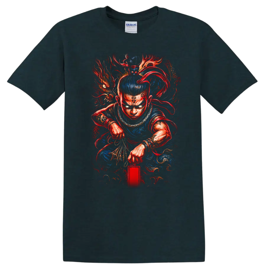 Japanese Warrior Dragon T Shirt Fierce Samurai Anime Style Art - Midnight (Green)