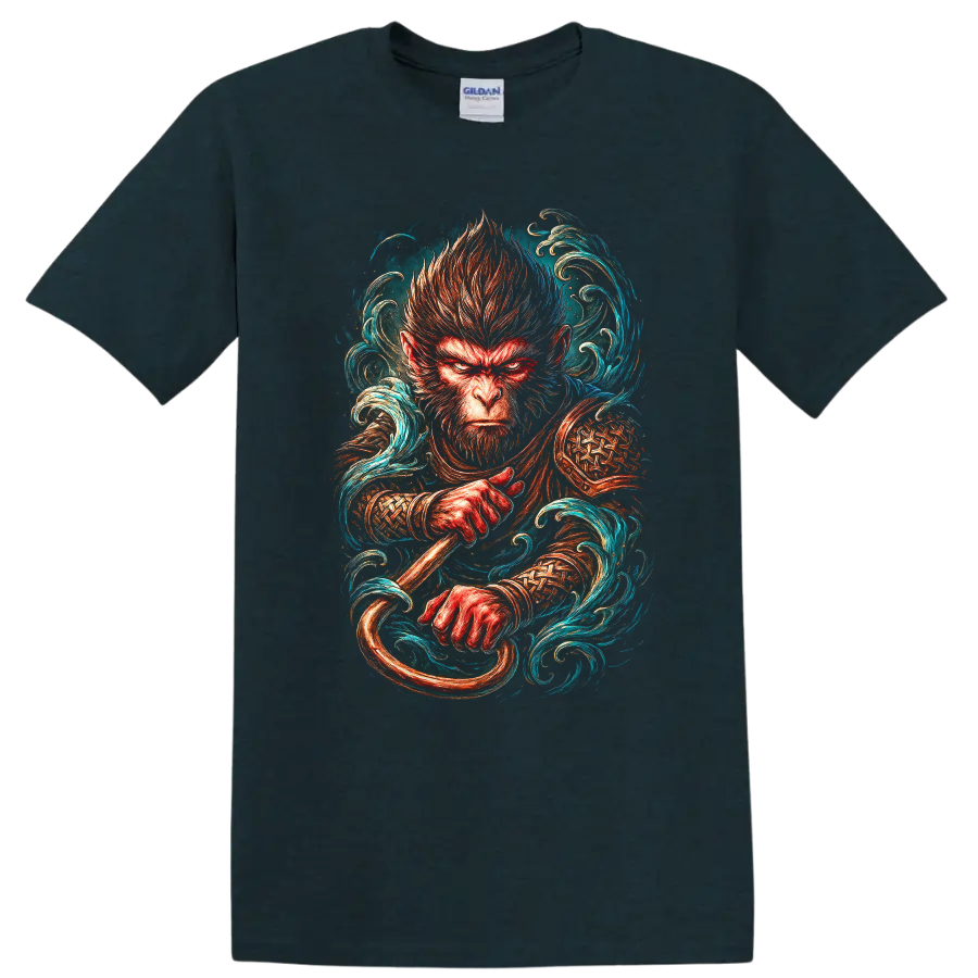 Japanese Style Monkey Warrior T Shirt, Fierce Warrior Art Tee - Midnight (Green)