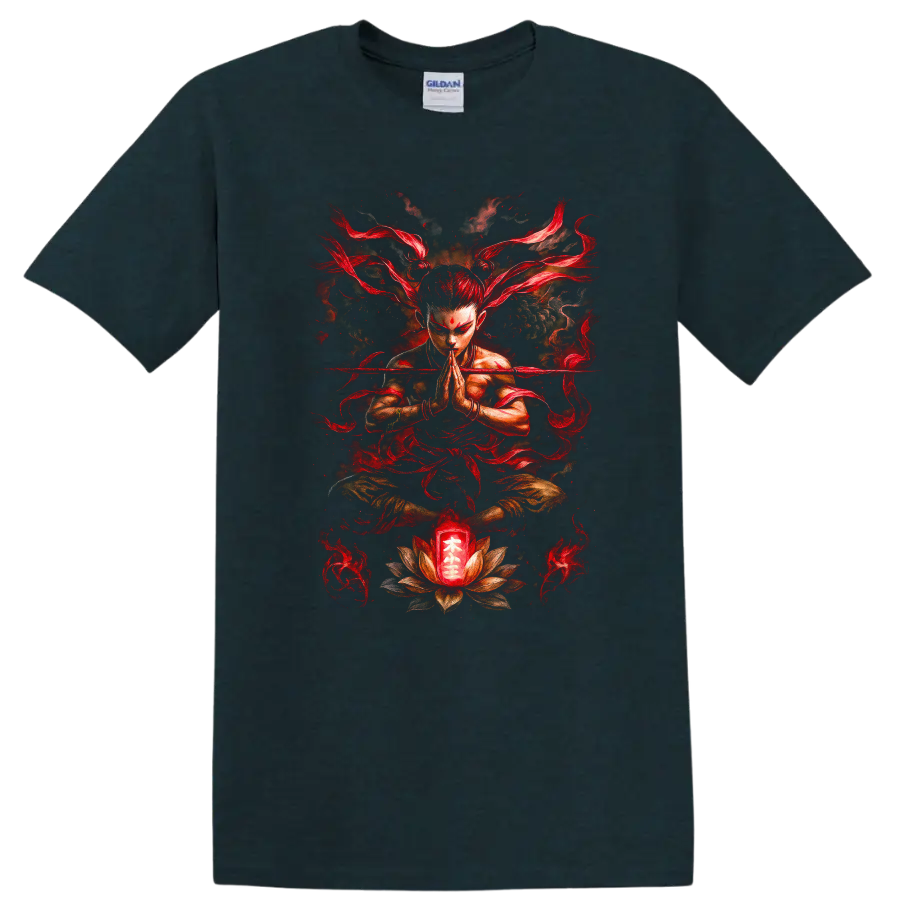 Japanese Meditation Warrior Red Flames T Shirt Zen Martial Art Design - Midnight (Green)