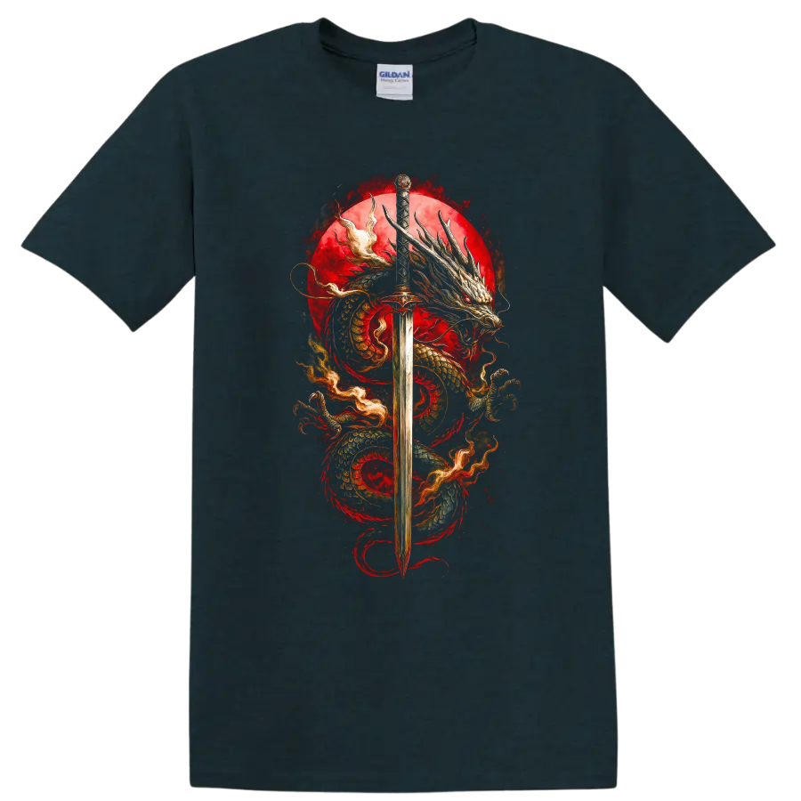 Japanese Dragon Sword Art T Shirt Bold Red Samurai Myth Design - Midnight (Green)