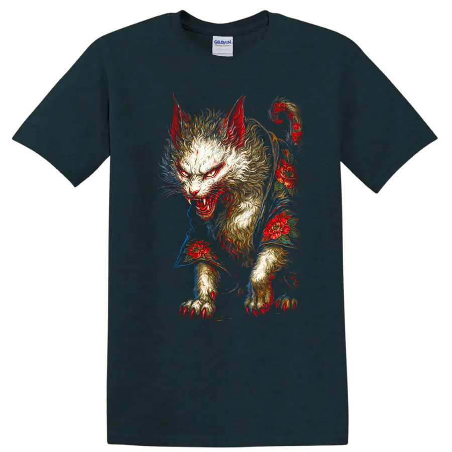 Japanese Style Fierce Cat Floral Art Graphic T Shirt - Midnight (Green)